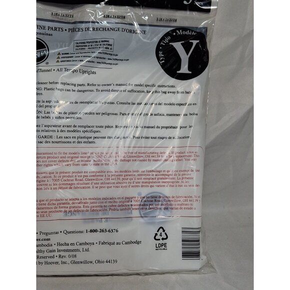 3 Bags, HOOVER Vacuum BAGS Pack Allergen Filtration Type Y, Genuine - Picture 5 of 5